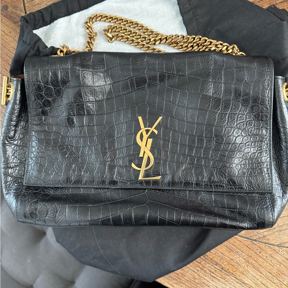 Yves Saint Laurent Black Croc-Embossed/brown suede KATE bag medium